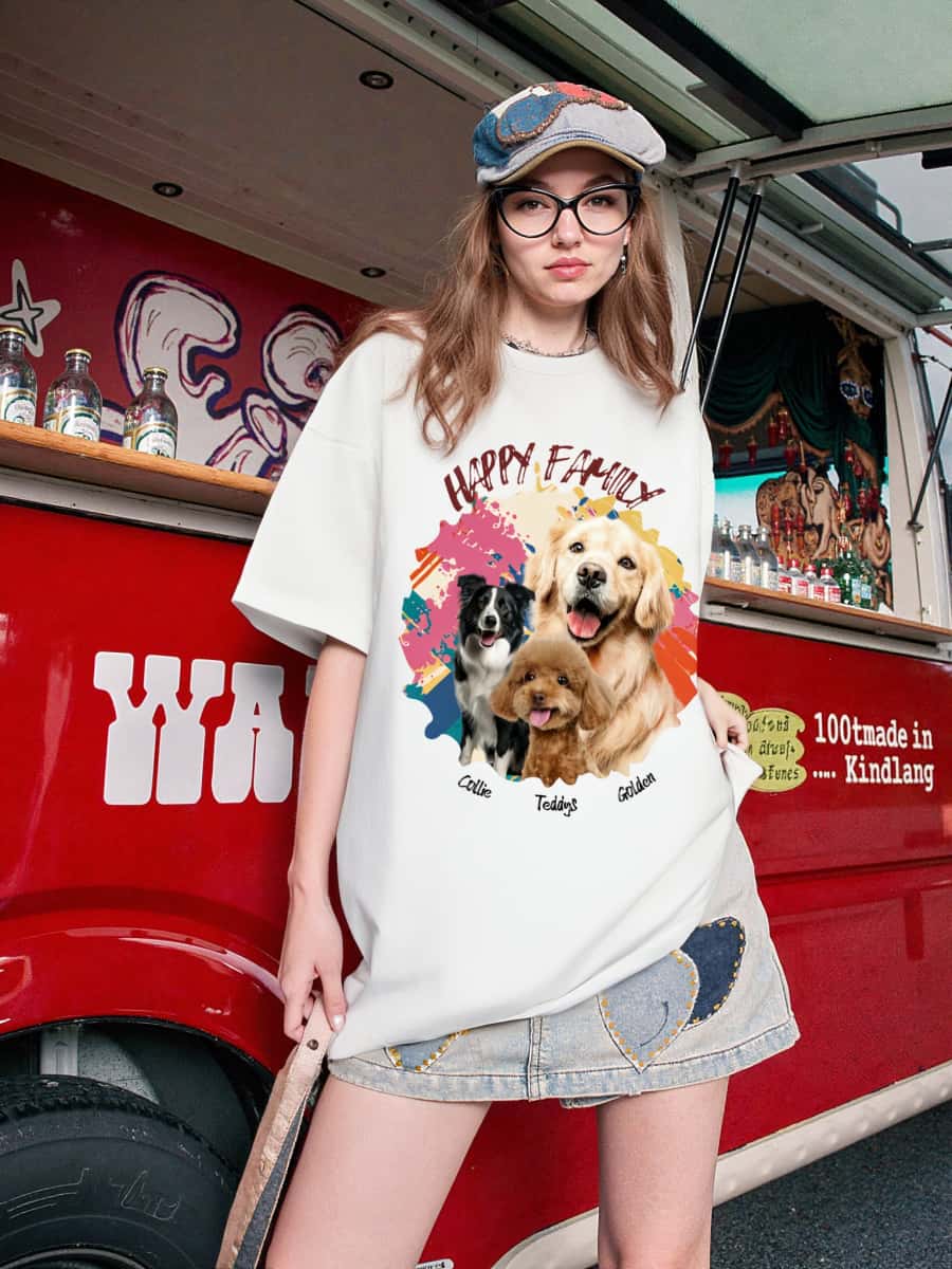 Custom Doodle Pet T-shirt with hand-drawn style animal illustration printed on premium 200gsm cotton, shown in white color.