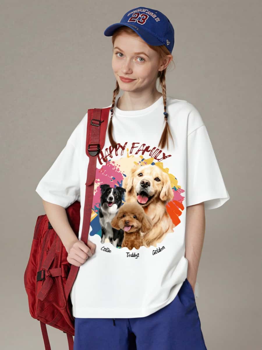 Person wearing fitted Custom Doodle Pet T-shirt showing full front design placement.