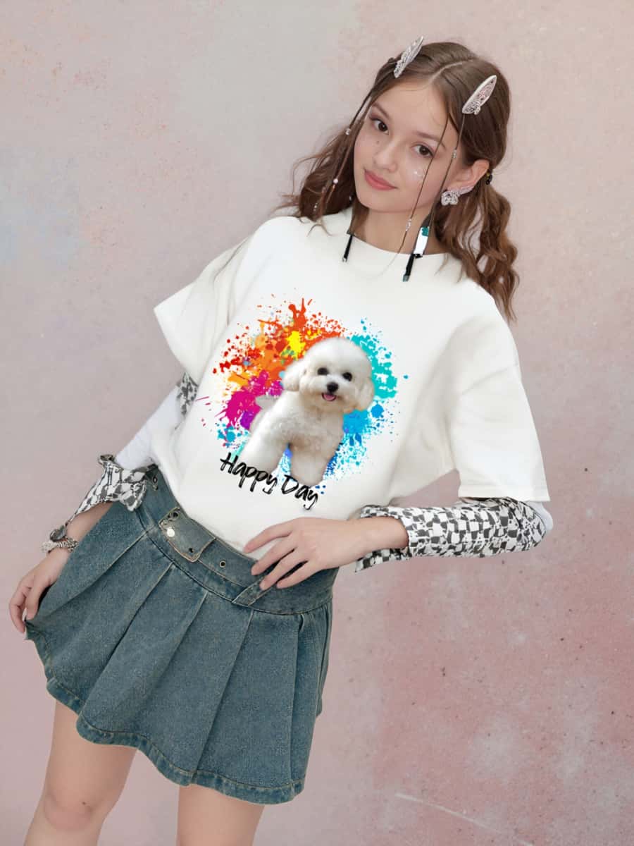 A vibrant summer-themed portrait featuring a white Poodle in a colorful inkjet-printed T-shirt.