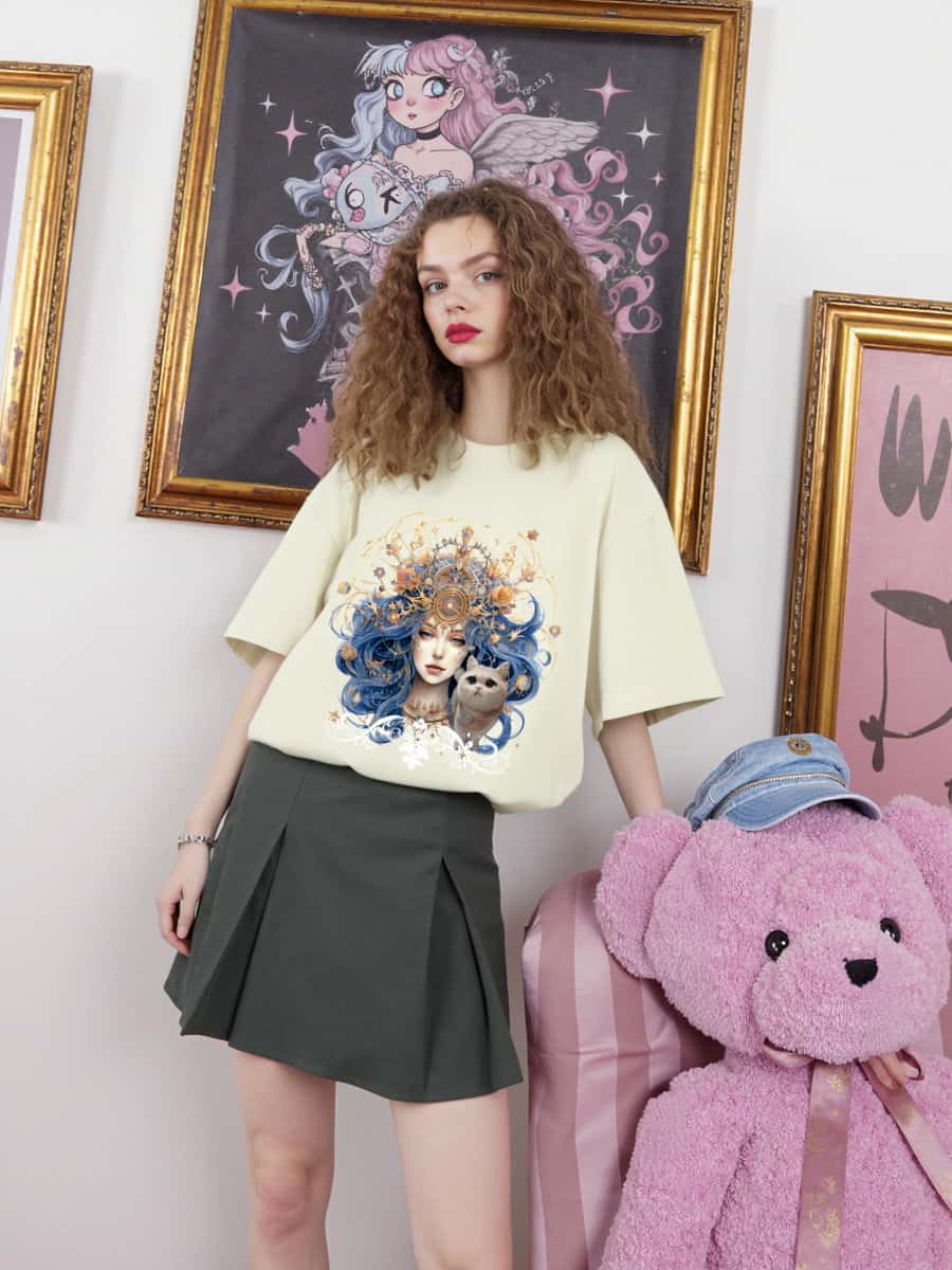 Custom Pet Zodiac T-shirt with a cartoon-style cat. Virgo and cat design.