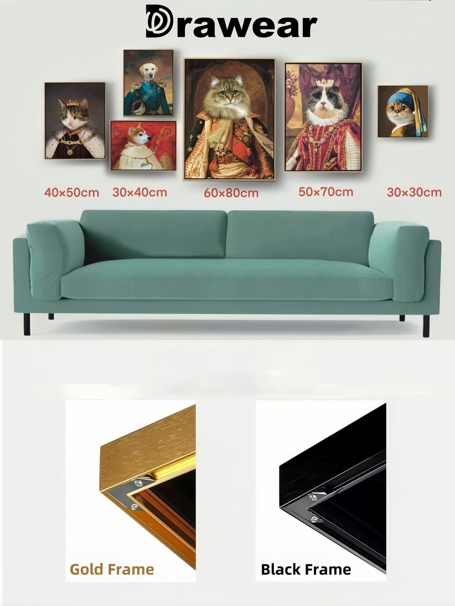 Frame options, there are gold and black color and canvas sizes from 30cmx30cm, up to 60x80cm..