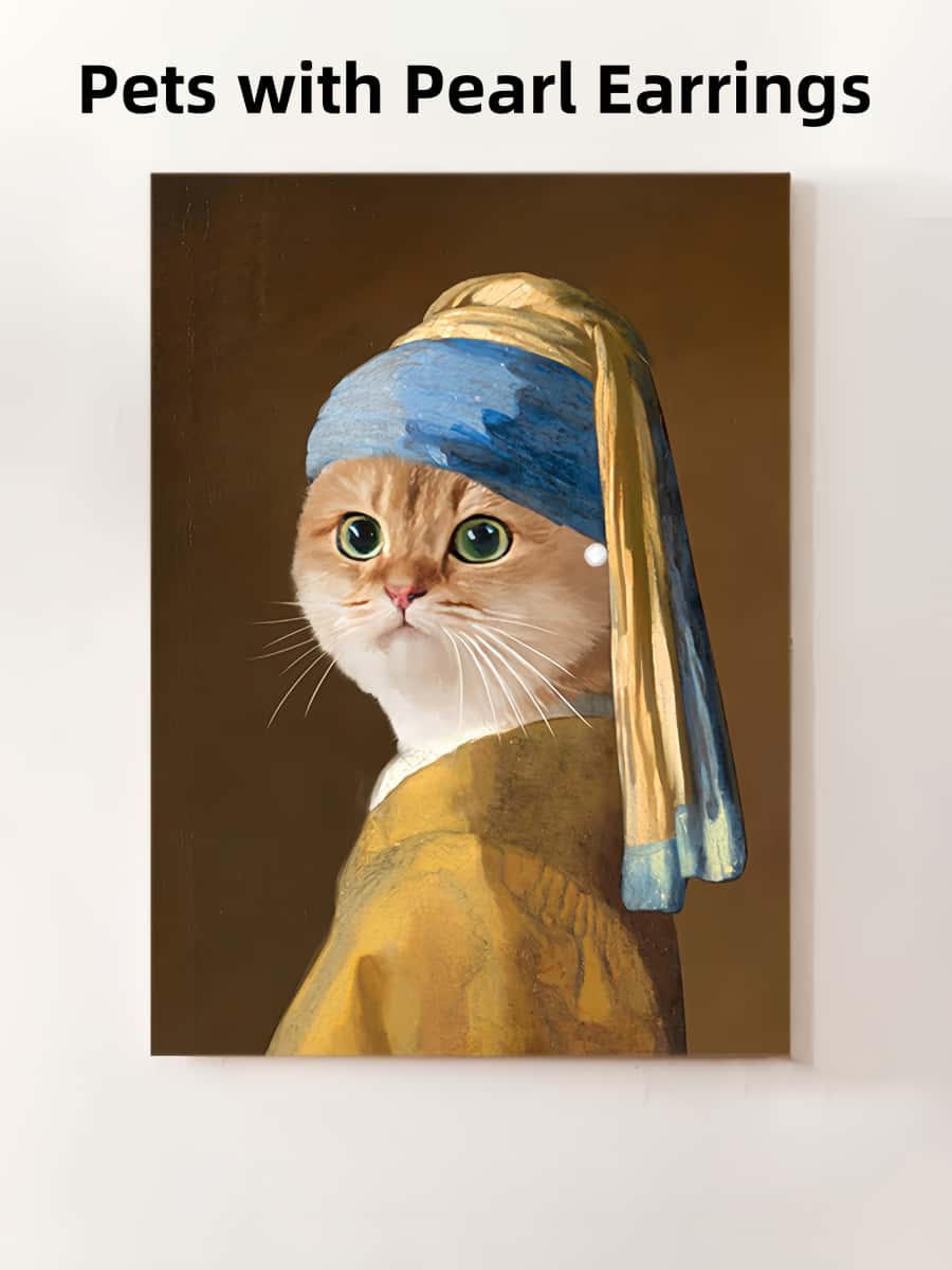 The animal wears a blue headscarf and a large pearl earring, gazing softly at the viewer against a dark muted background.