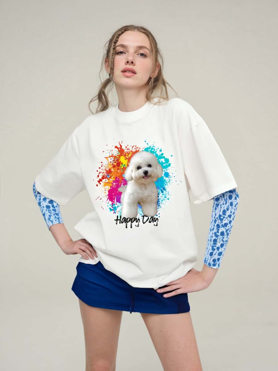 A custom portrait of a white Poodle wearing an inkjet-designed T-shirt, set against a colorful summer background.