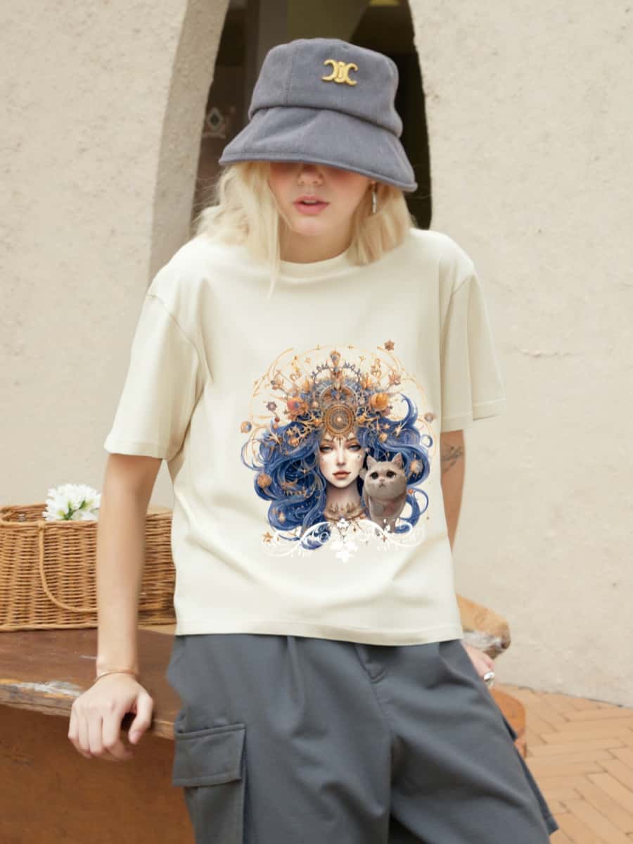 Custom T-shirt with a cartoon-style cat. The shirt is light-colored with vibrant astral elements.